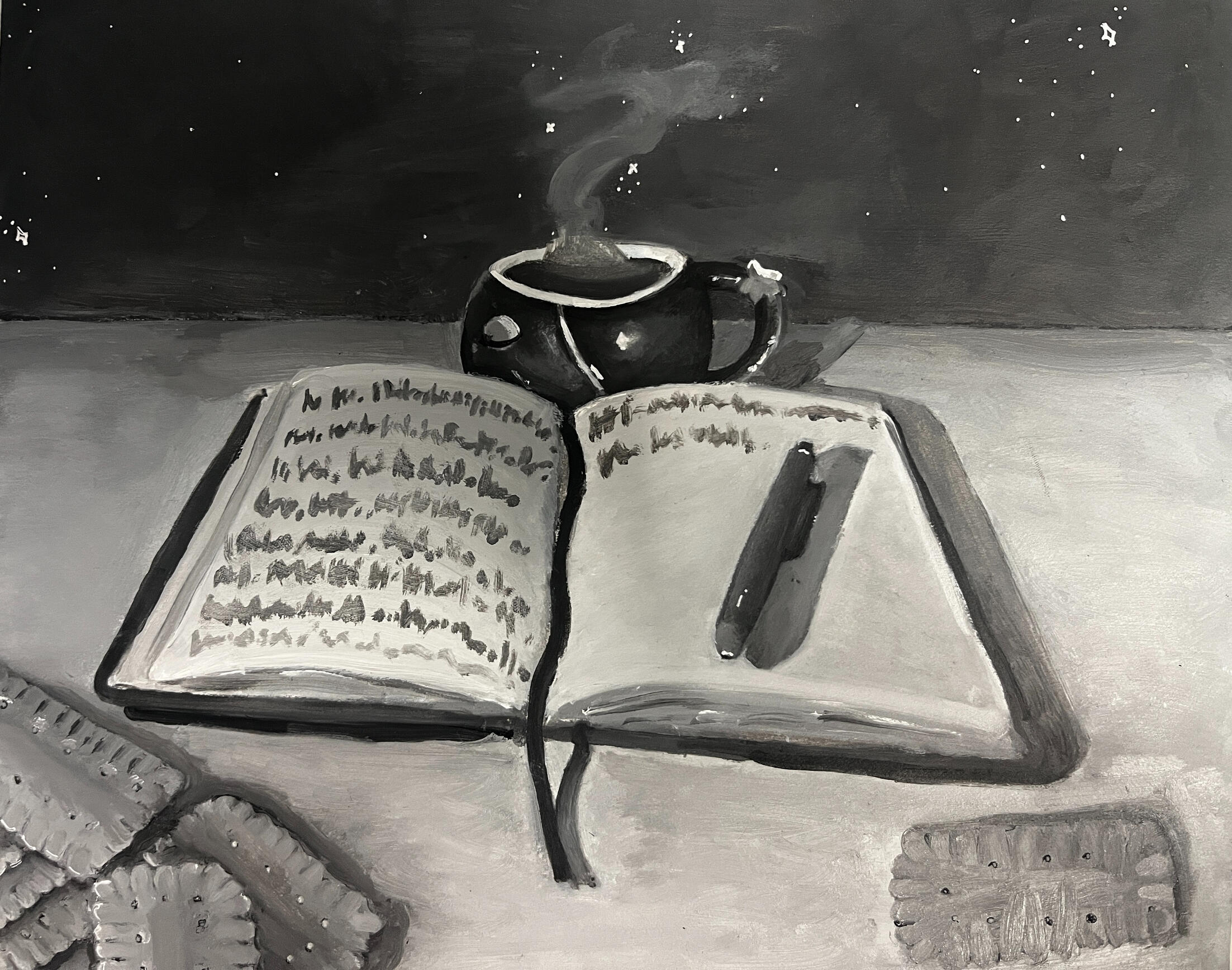 Oil Painting of a mug, book and pen. Also a directory to the Sketchbook tab.